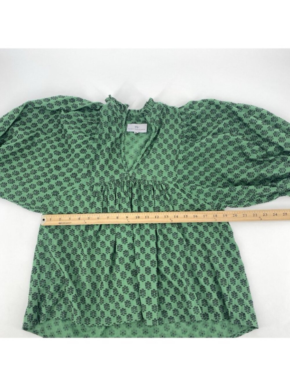 Never A Wallflower Ruffle High Neck Top Size M Green Leaf Embossed Boho Peasant - Picture 9 of 10